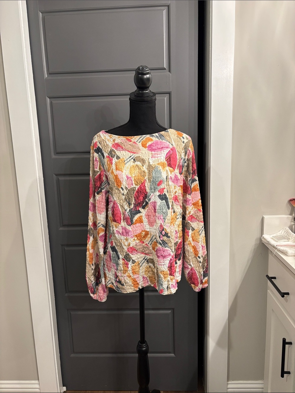 Chico's Pink, Yellow and Cream Textured Floral Long-Sleeve Top